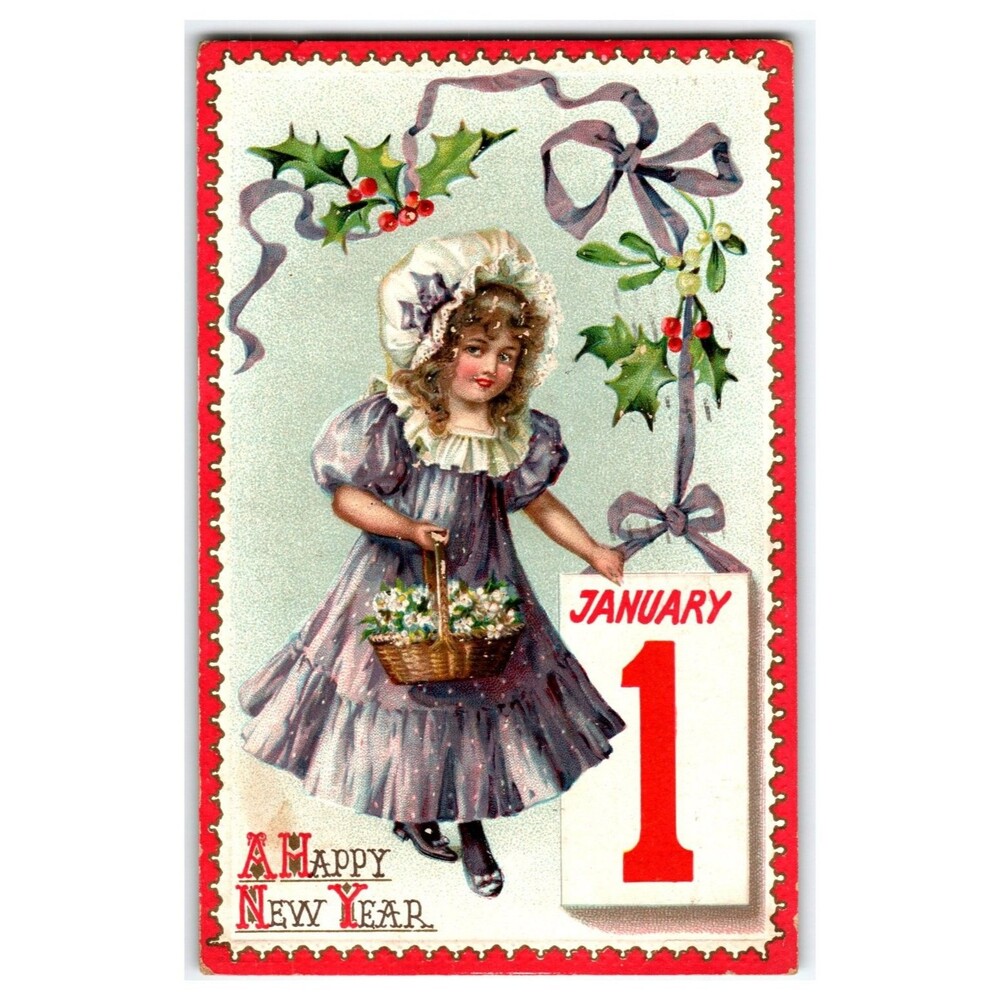 Raphael Tuck New Year Postcard Girl January 1 Holly 1910 Posted
